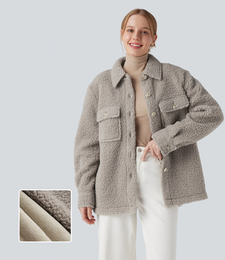 Long Sleeve Casual Sherpa Jacket with Pockets — Silver Cloud — view 1