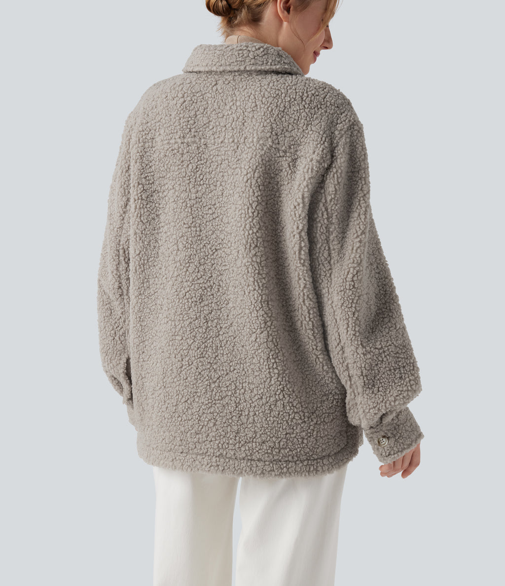Long Sleeve Casual Sherpa Jacket with Pockets — Silver Cloud — view 6