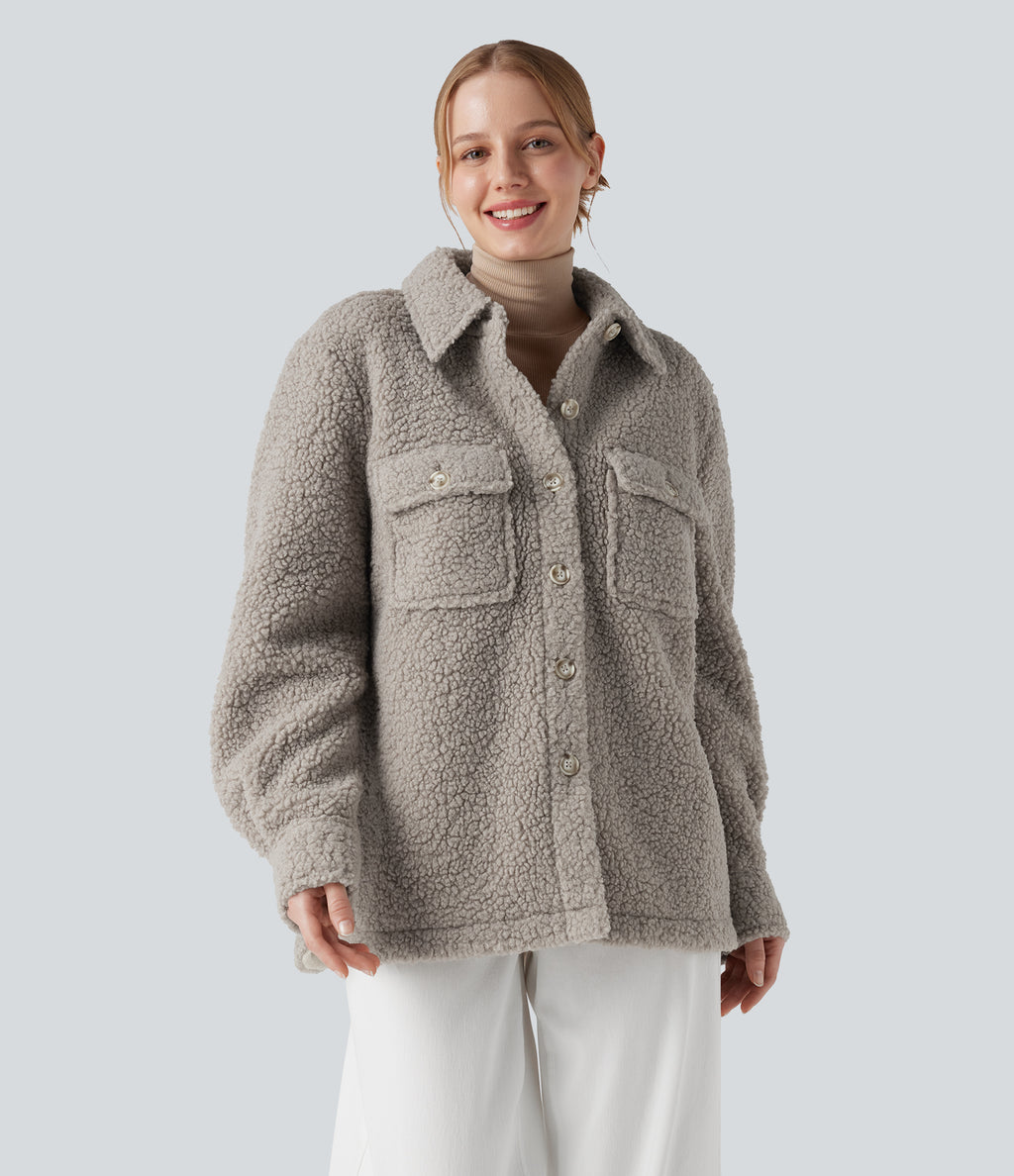Long Sleeve Casual Sherpa Jacket with Pockets — Silver Cloud — view 8