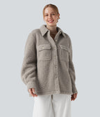 Long Sleeve Casual Sherpa Jacket with Pockets — Silver Cloud — view 8