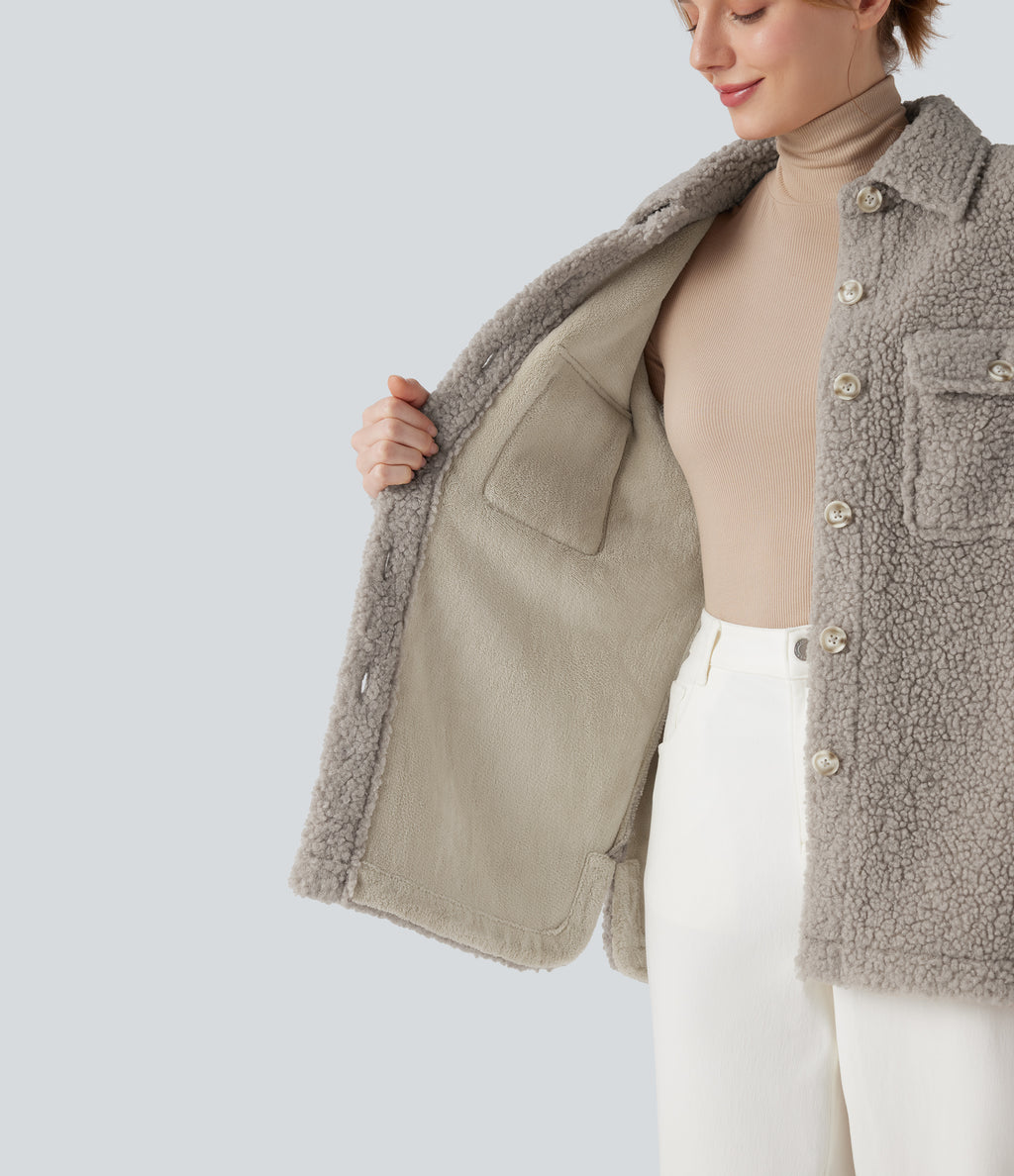 Long Sleeve Casual Sherpa Jacket with Pockets — Silver Cloud — view 4
