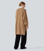 Bishop Long Sleeve Split Hem Hollow Out Casual Longline Cardigan — Camel — view 2