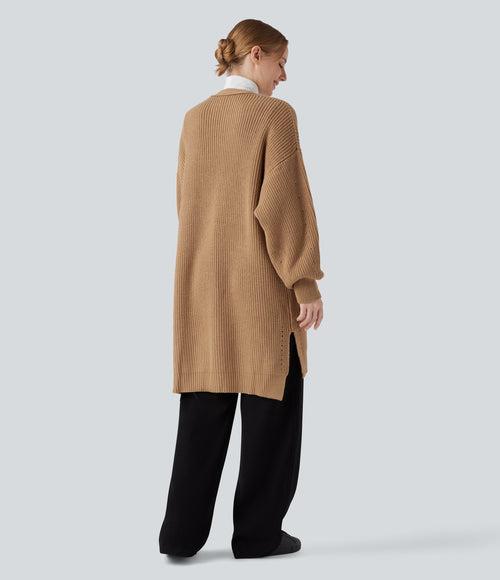 Bishop Long Sleeve Split Hem Hollow Out Casual Longline Cardigan — Camel — view 2