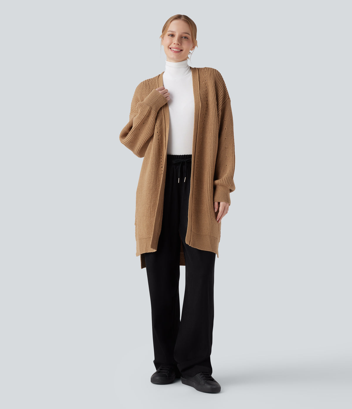 Bishop Long Sleeve Split Hem Hollow Out Casual Longline Cardigan — Camel — view 1
