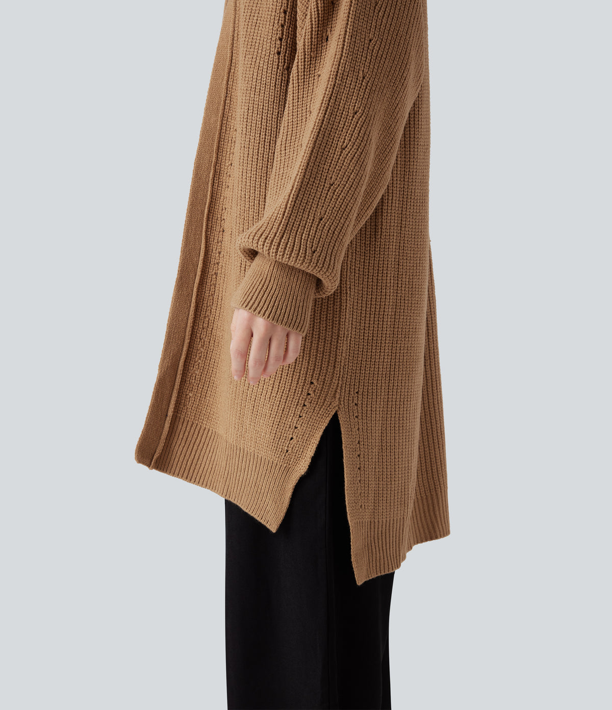 Bishop Long Sleeve Split Hem Hollow Out Casual Longline Cardigan — Camel — view 6