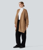 Bishop Long Sleeve Split Hem Hollow Out Casual Longline Cardigan — Camel — view 3