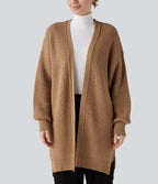 Bishop Long Sleeve Split Hem Hollow Out Casual Longline Cardigan — Camel — view 5
