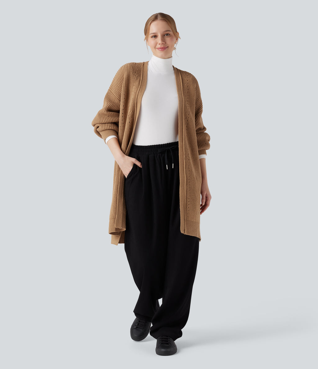 Bishop Long Sleeve Split Hem Hollow Out Casual Longline Cardigan — Camel — view 4