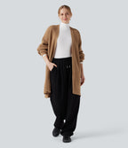 Bishop Long Sleeve Split Hem Hollow Out Casual Longline Cardigan — Camel — view 4