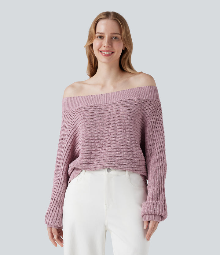 Off Shoulder Long Sleeve Casual Jumper — Cloud Gray Purple — view 1