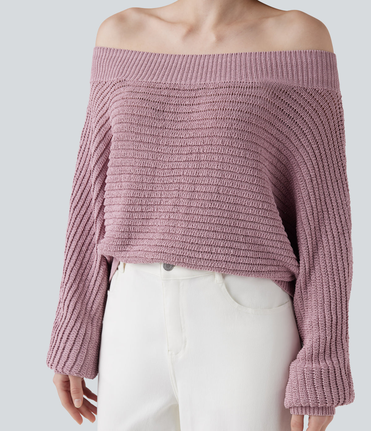 Off Shoulder Long Sleeve Casual Jumper — Cloud Gray Purple — view 5