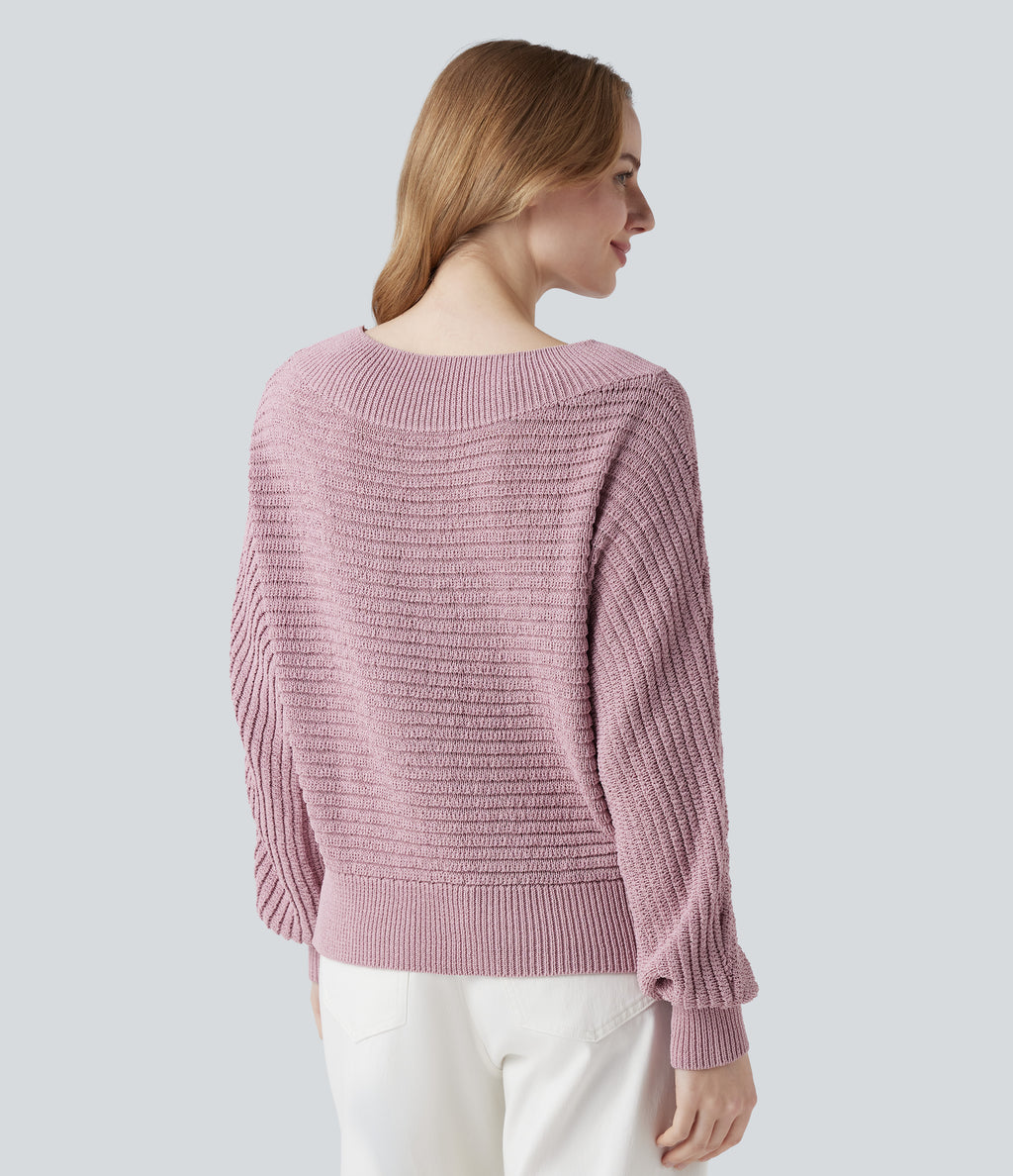 Off Shoulder Long Sleeve Casual Jumper — Cloud Gray Purple — view 2