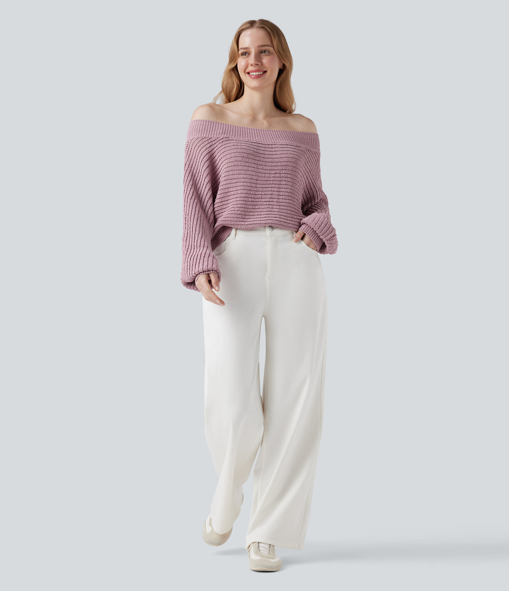 Off Shoulder Long Sleeve Casual Jumper — Cloud Gray Purple — view 7