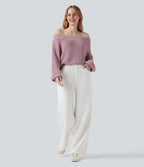 Off Shoulder Long Sleeve Casual Jumper — Cloud Gray Purple — view 7