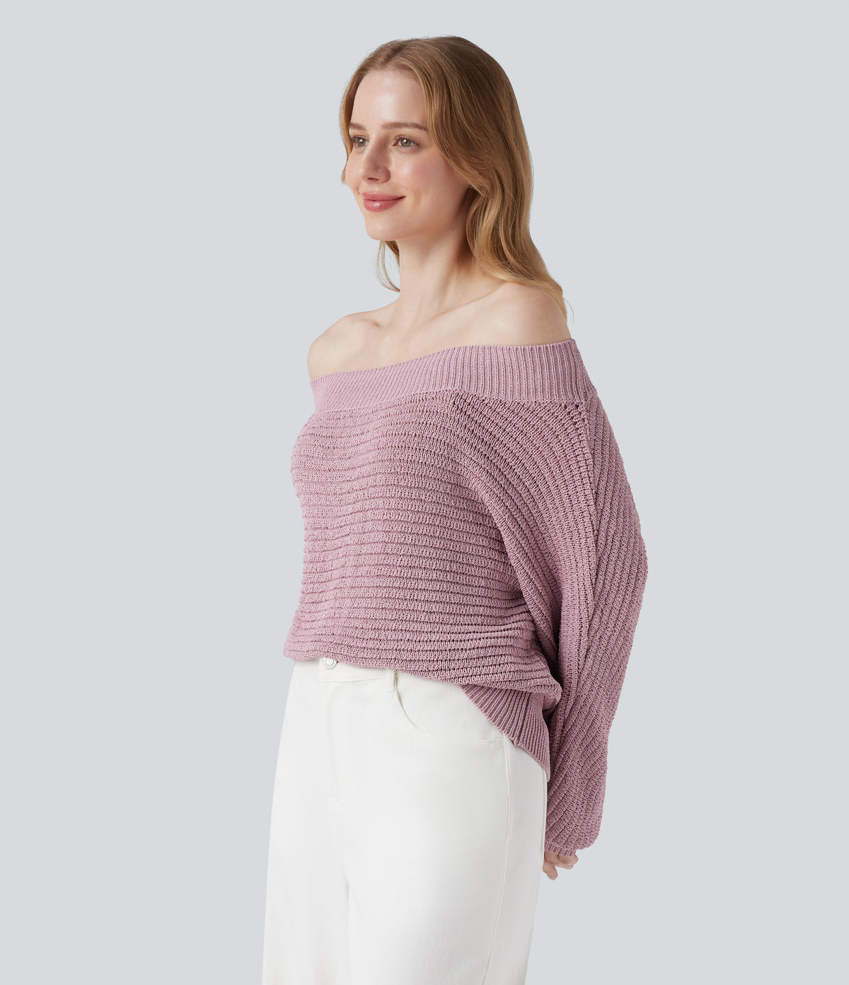 Off Shoulder Long Sleeve Casual Jumper — Cloud Gray Purple — view 4