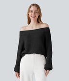 Off Shoulder Long Sleeve Casual Jumper — Black — view 9