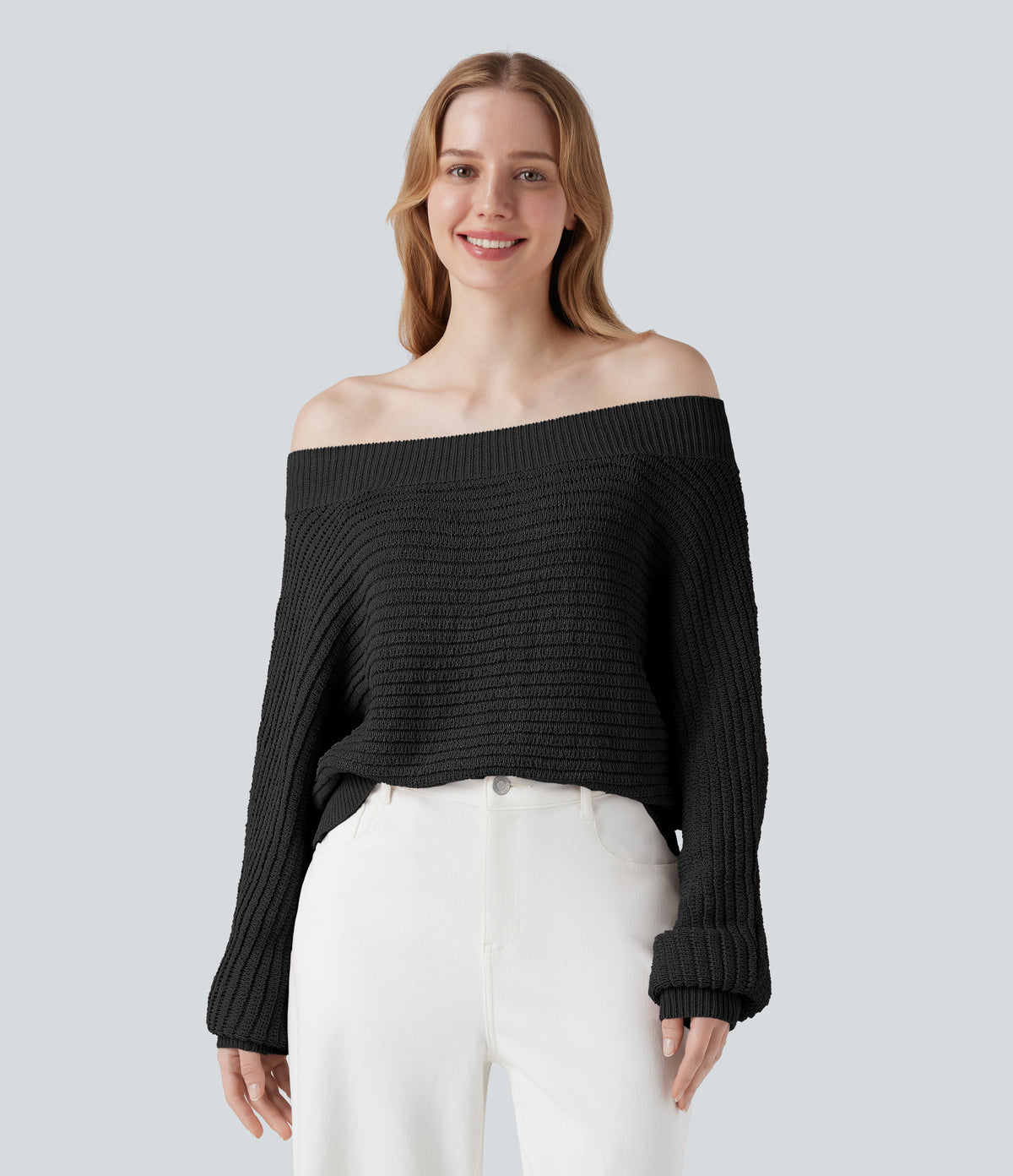 Off Shoulder Long Sleeve Casual Jumper — Black — view 9