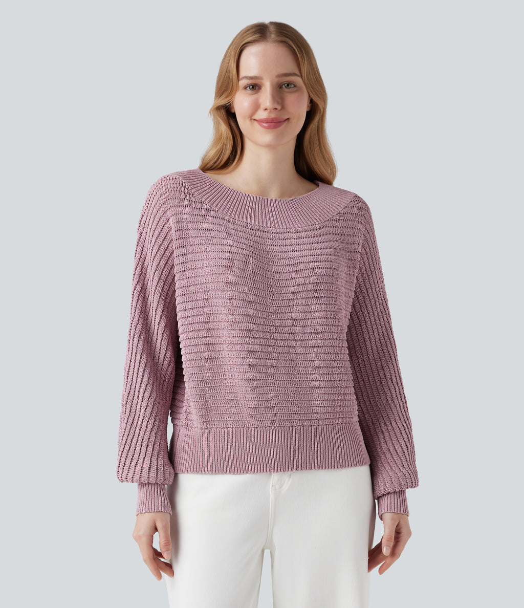 Off Shoulder Long Sleeve Casual Jumper — Cloud Gray Purple — view 6
