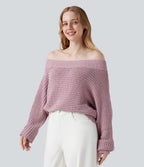 Off Shoulder Long Sleeve Casual Jumper — Cloud Gray Purple — view 3