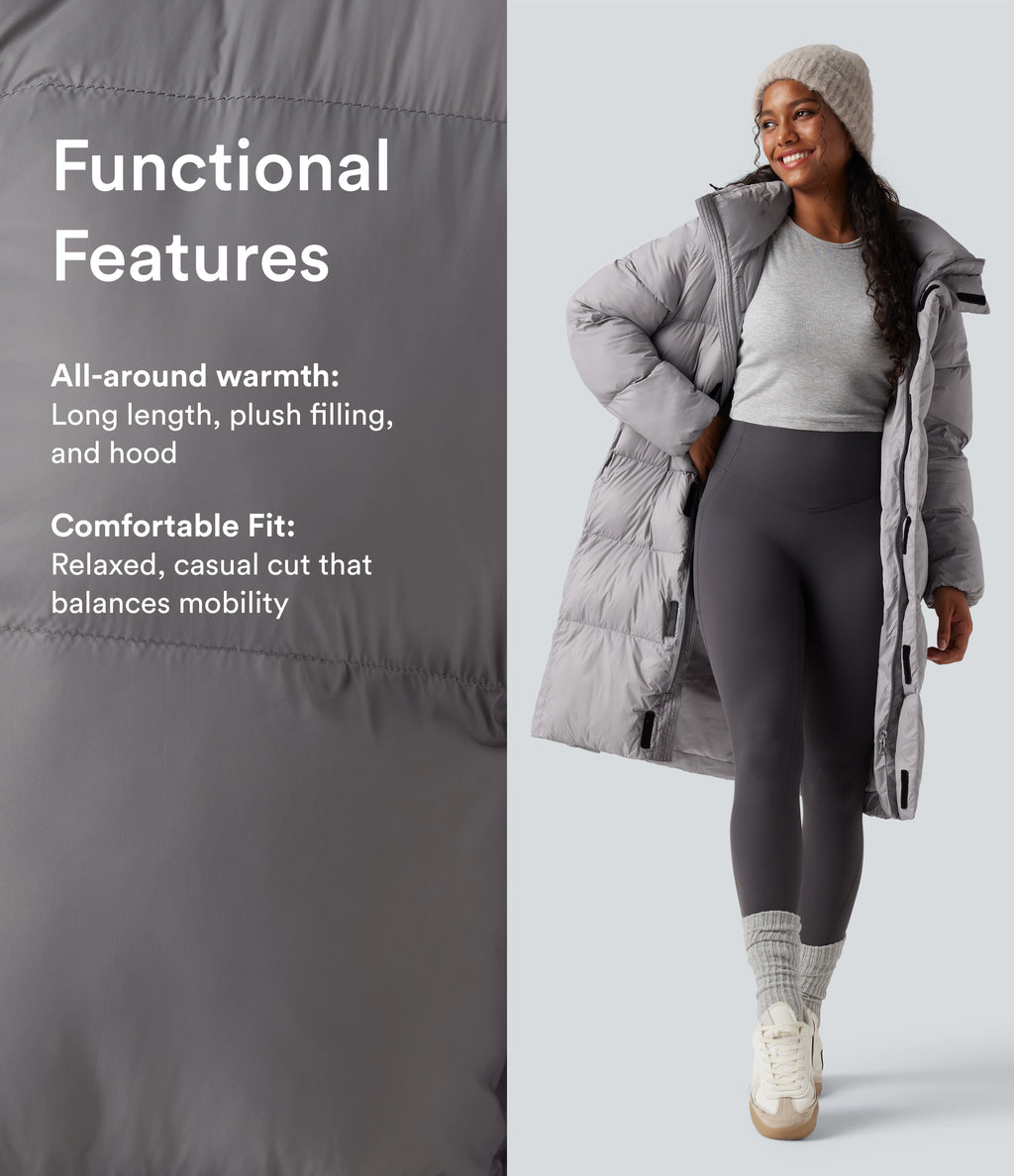 Hooded Long Sleeve Zip Longline Casual Puffer Jacket with Pockets — Quiet Gray — view 2