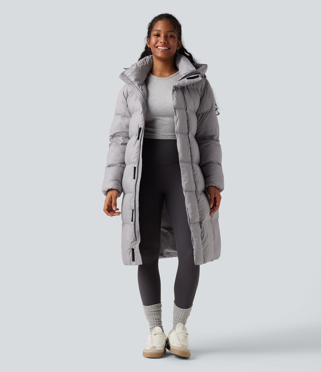 Hooded Long Sleeve Zip Longline Casual Puffer Jacket with Pockets — Quiet Gray — view 1