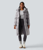 Hooded Long Sleeve Zip Longline Casual Puffer Jacket with Pockets — Quiet Gray — view 1