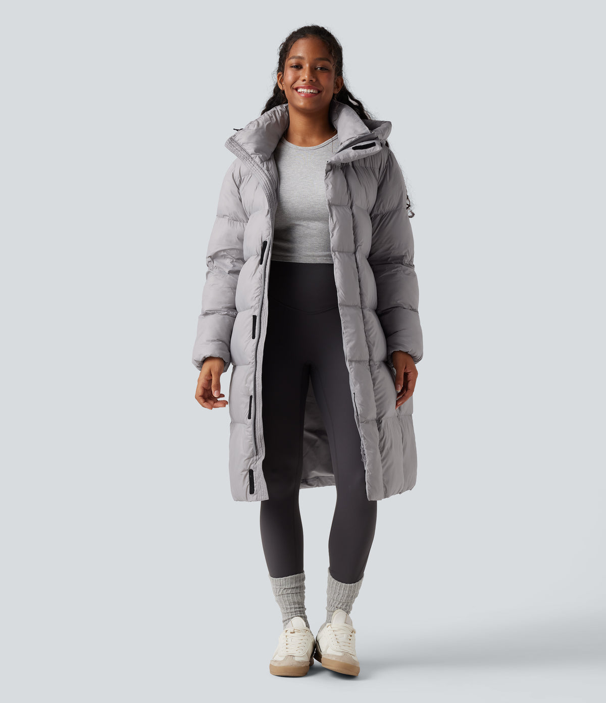 Hooded Long Sleeve Zip Longline Casual Puffer Jacket with Pockets — Quiet Gray — view 1