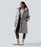 Hooded Long Sleeve Zip Longline Casual Puffer Jacket with Pockets — Quiet Gray — view 6