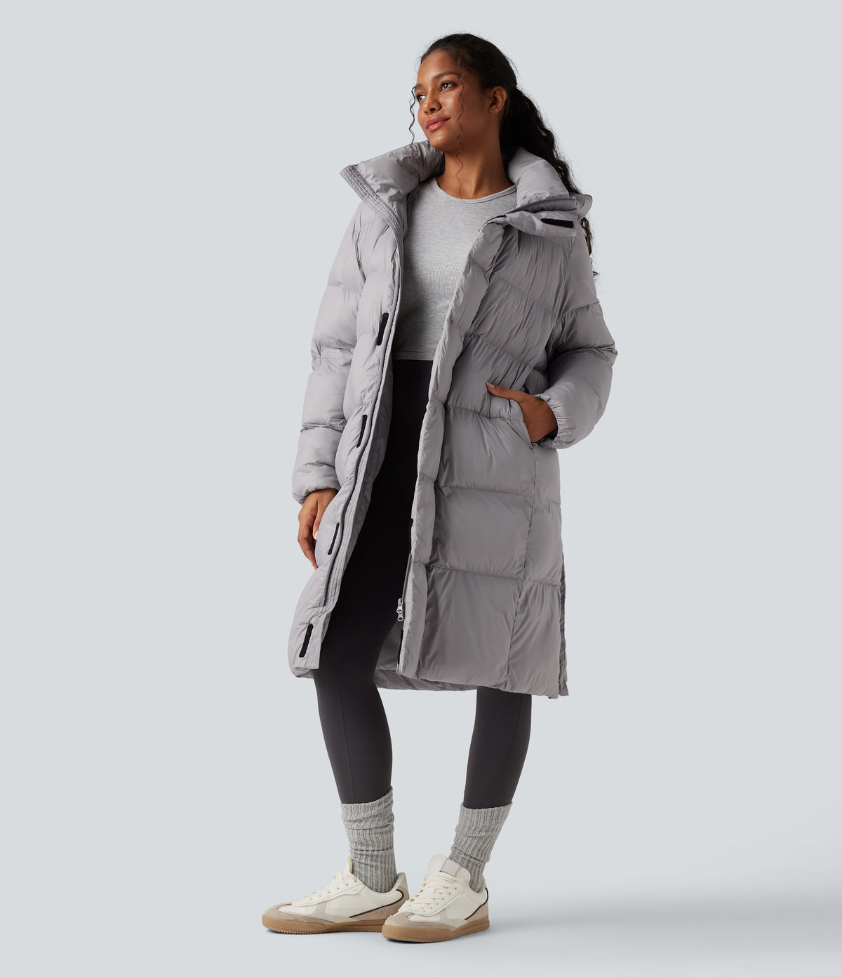 Hooded Long Sleeve Zip Longline Casual Puffer Jacket with Pockets — Quiet Gray — view 6