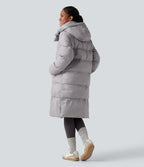 Hooded Long Sleeve Zip Longline Casual Puffer Jacket with Pockets — Quiet Gray — view 5