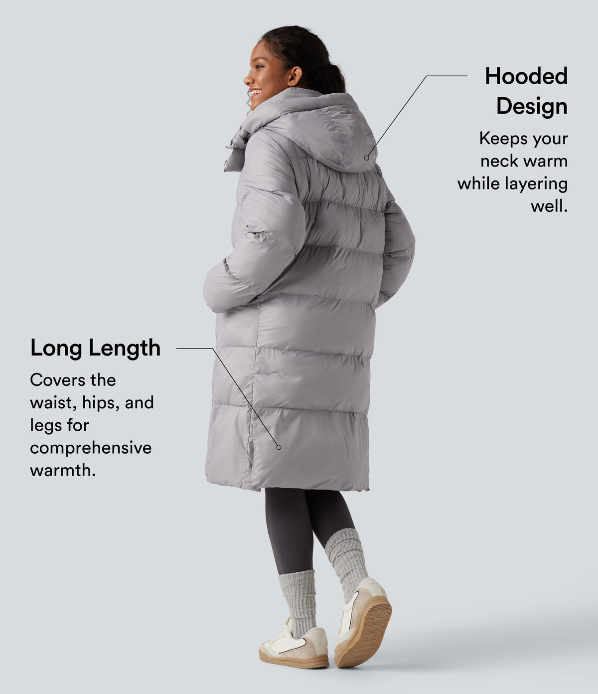 Hooded Long Sleeve Zip Longline Casual Puffer Jacket with Pockets — Quiet Gray — view 4