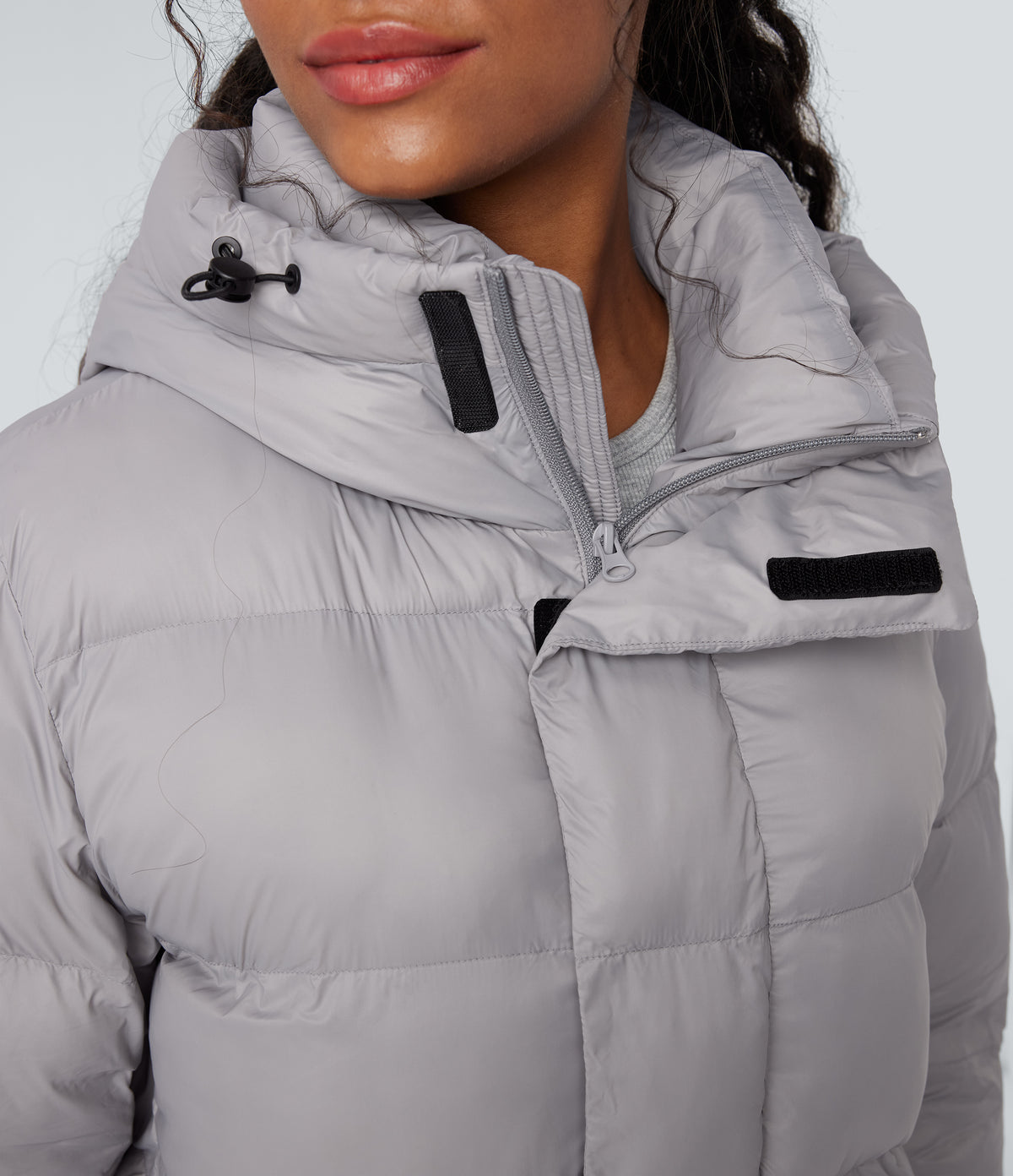 Hooded Long Sleeve Zip Longline Casual Puffer Jacket with Pockets — Quiet Gray — view 7