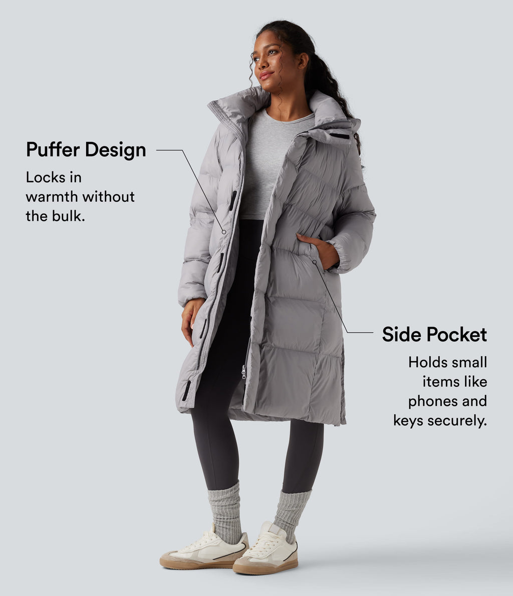 Hooded Long Sleeve Zip Longline Casual Puffer Jacket with Pockets — Quiet Gray — view 3