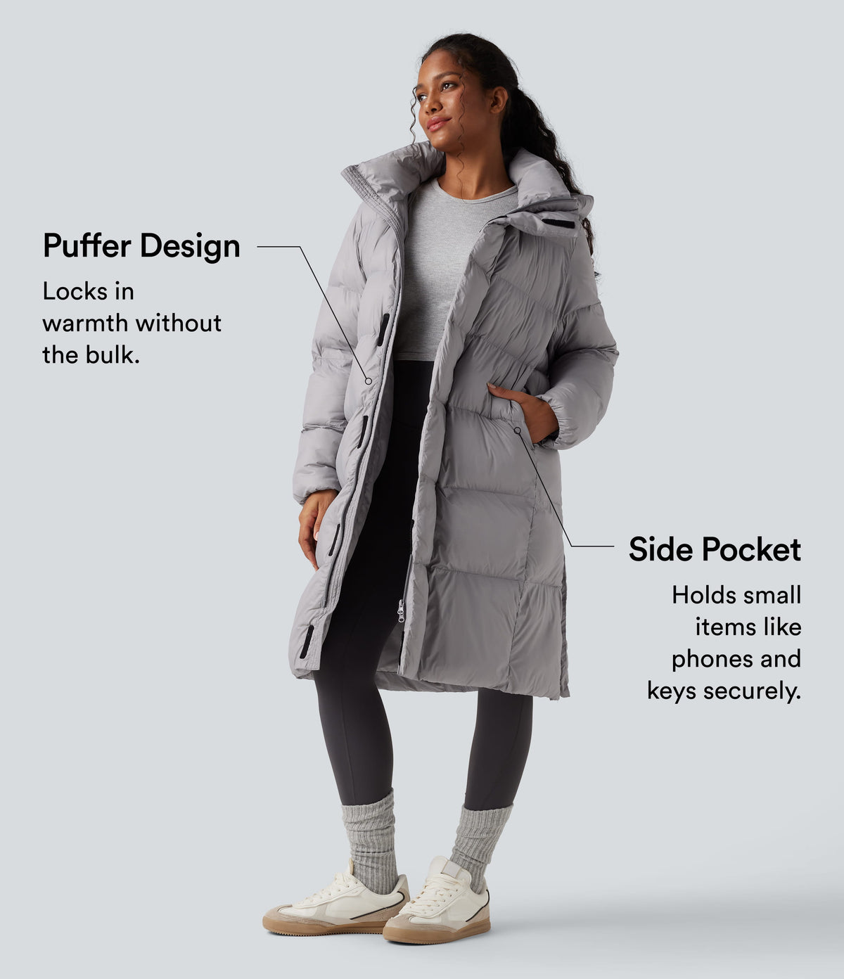 Hooded Long Sleeve Zip Longline Casual Puffer Jacket with Pockets — Quiet Gray — view 3