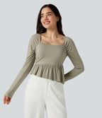 Square Neck Long Sleeve Ruffle Hem Casual T-Shirt — Tea — view 2