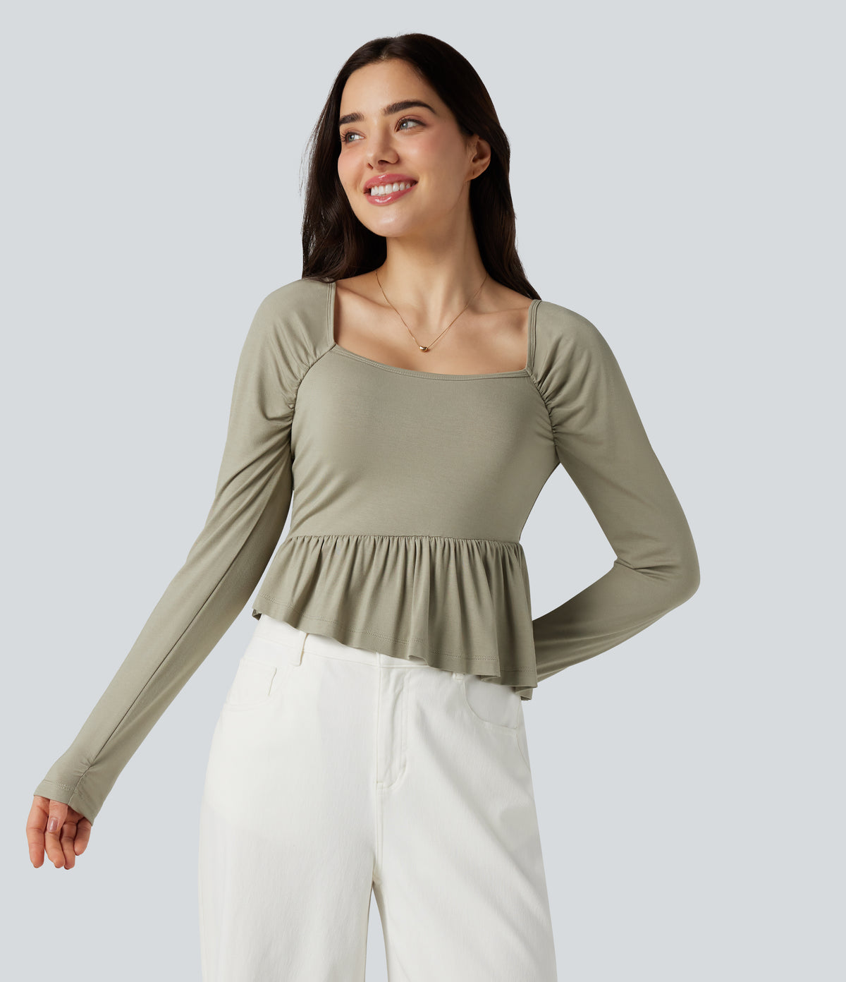 Square Neck Long Sleeve Ruffle Hem Casual T-Shirt — Tea — view 2