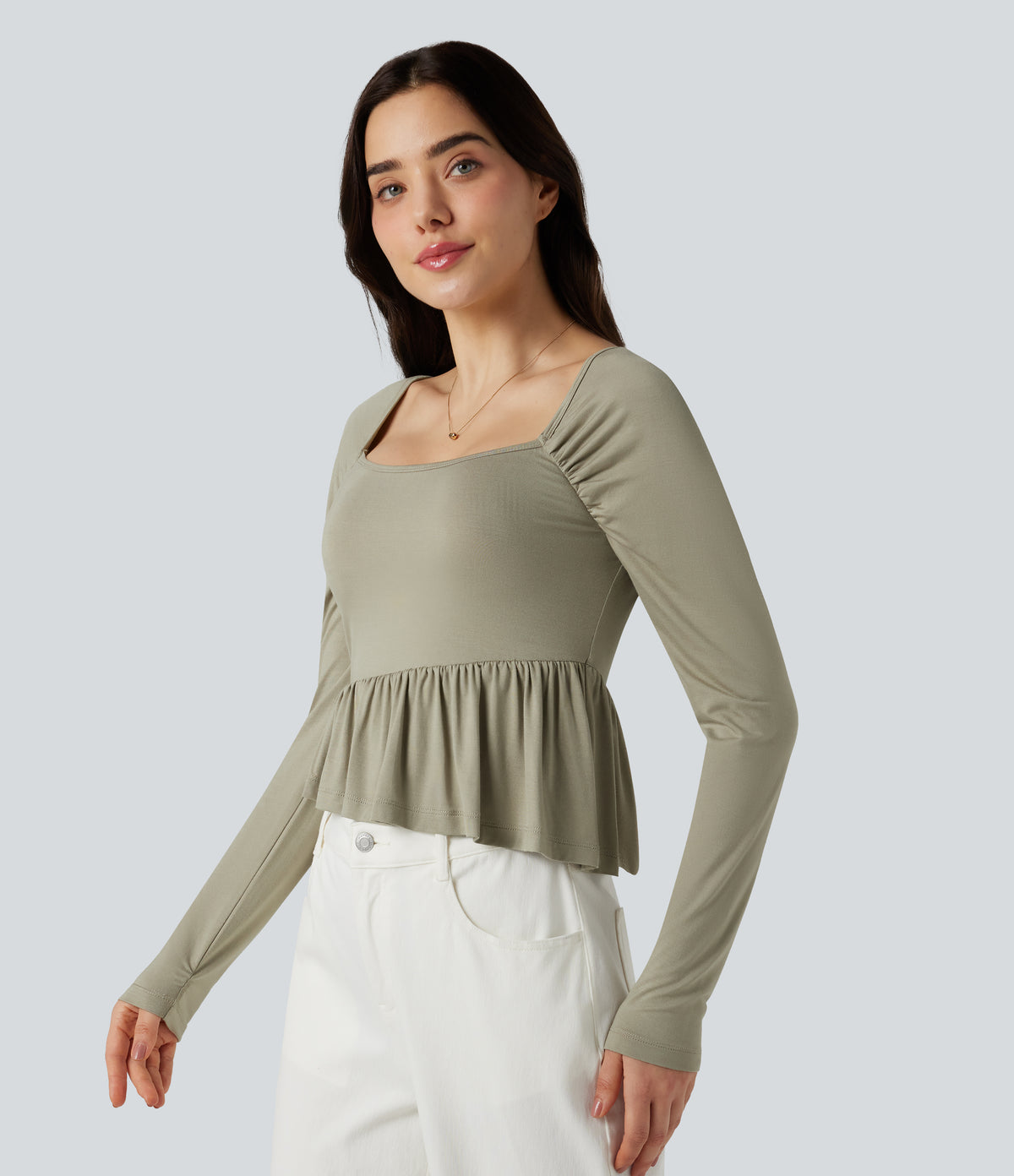 Square Neck Long Sleeve Ruffle Hem Casual T-Shirt — Tea — view 4