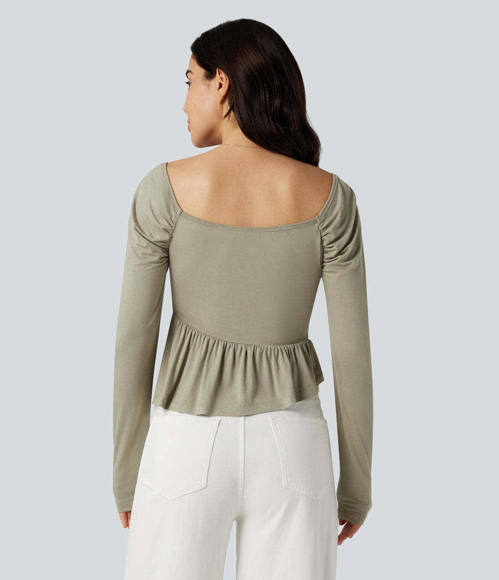 Square Neck Long Sleeve Ruffle Hem Casual T-Shirt — Tea — view 3