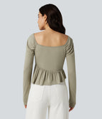 Square Neck Long Sleeve Ruffle Hem Casual T-Shirt — Tea — view 3
