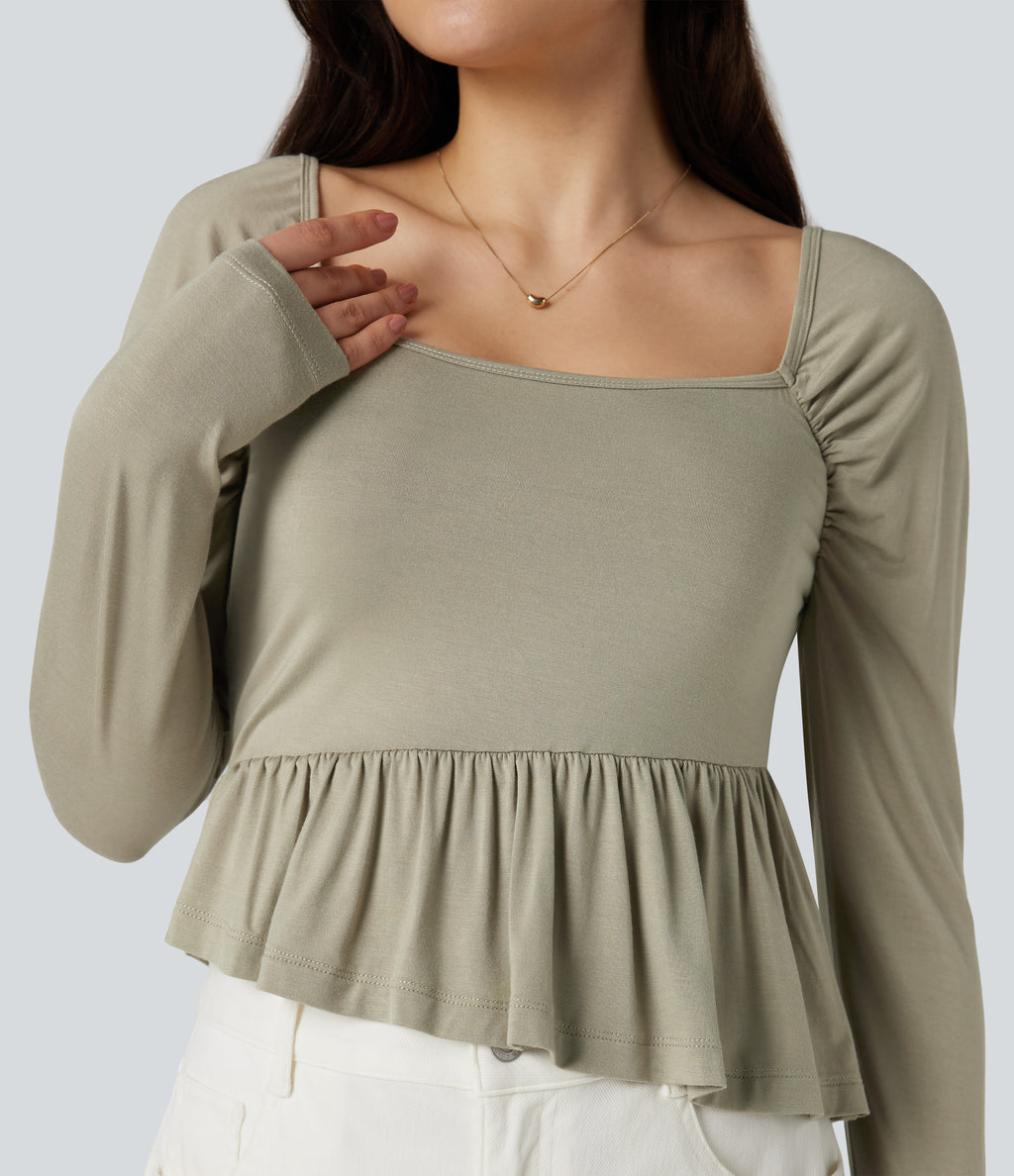 Square Neck Long Sleeve Ruffle Hem Casual T-Shirt — Tea — view 1