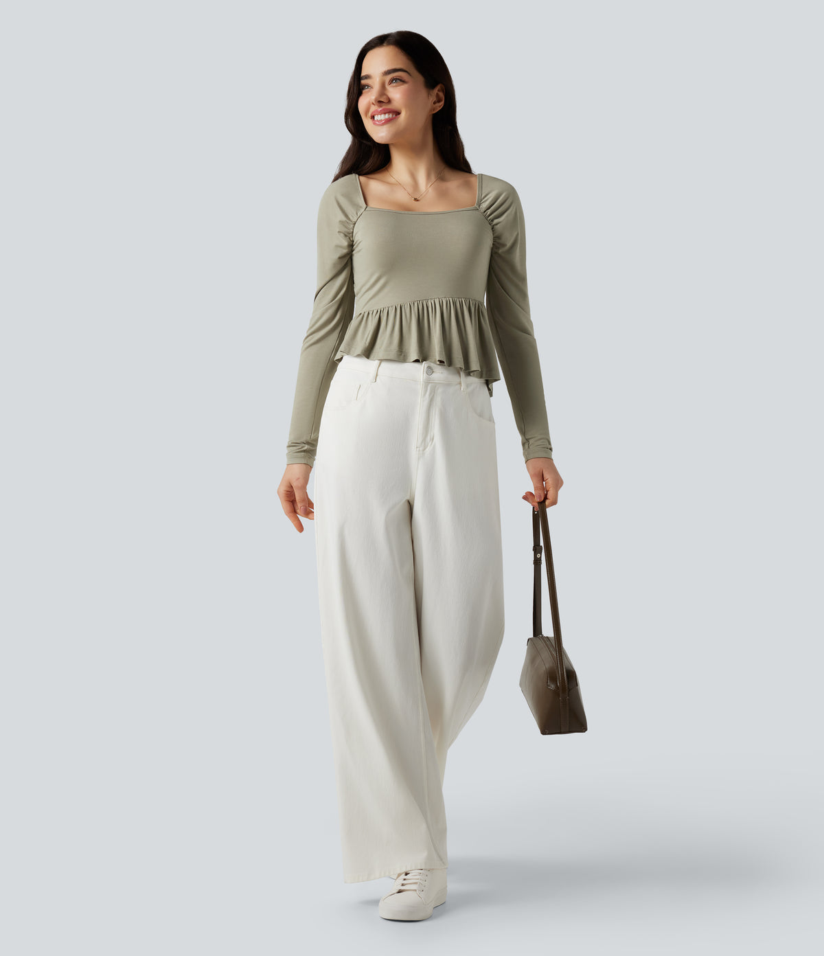 Square Neck Long Sleeve Ruffle Hem Casual T-Shirt — Tea — view 6