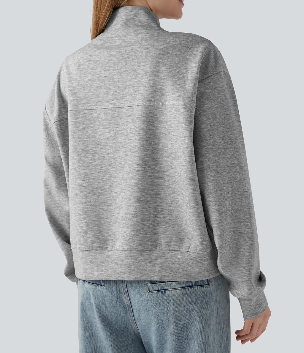 V-neck Long Sleeve Button Fly Casual Sweatshirt with Pockets — Fog Gray — view 6