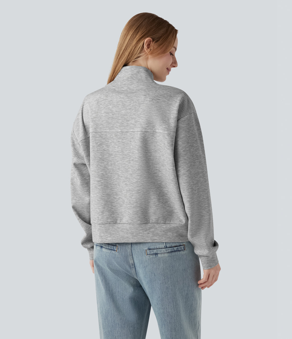 V-neck Long Sleeve Button Fly Casual Sweatshirt with Pockets — Fog Gray — view 2
