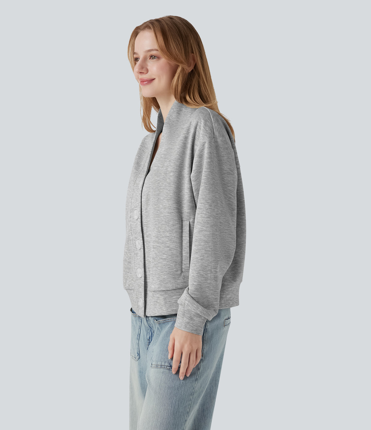 V-neck Long Sleeve Button Fly Casual Sweatshirt with Pockets — Fog Gray — view 3