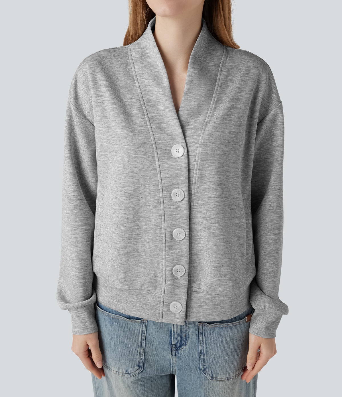 V-neck Long Sleeve Button Fly Casual Sweatshirt with Pockets — Fog Gray — view 4