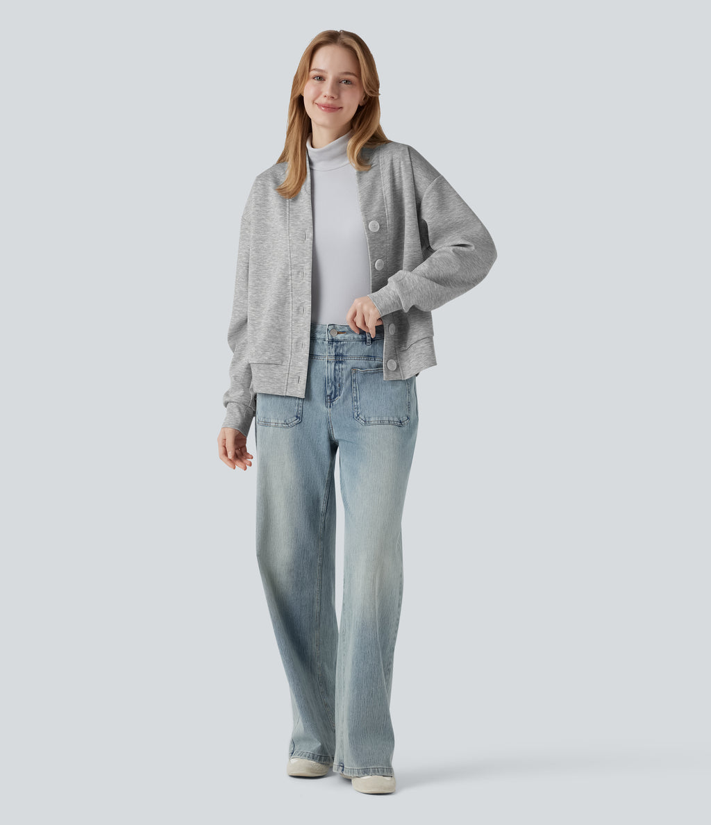 V-neck Long Sleeve Button Fly Casual Sweatshirt with Pockets — Fog Gray — view 7