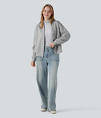 V-neck Long Sleeve Button Fly Casual Sweatshirt with Pockets — Fog Gray — view 7