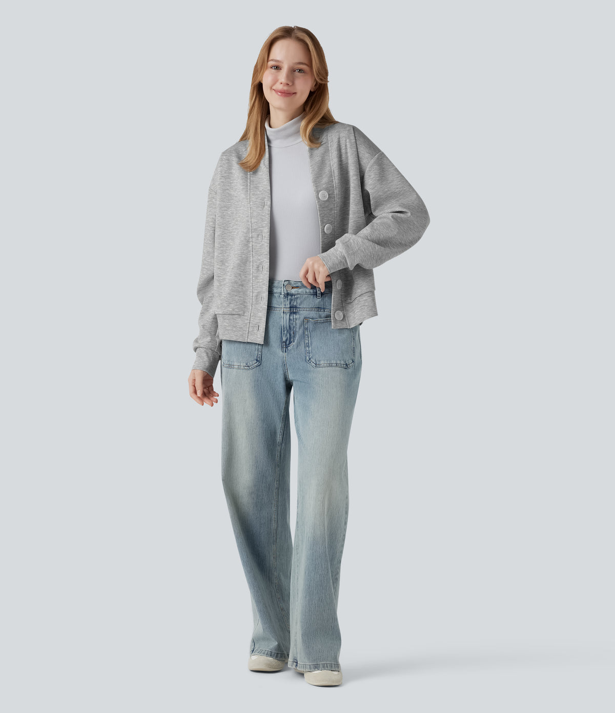 V-neck Long Sleeve Button Fly Casual Sweatshirt with Pockets — Fog Gray — view 7