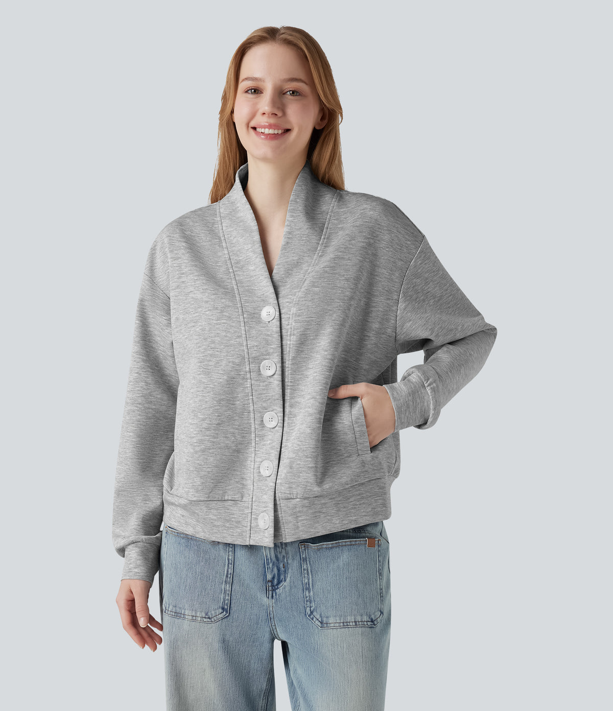 V-neck Long Sleeve Button Fly Casual Sweatshirt with Pockets — Fog Gray — view 1