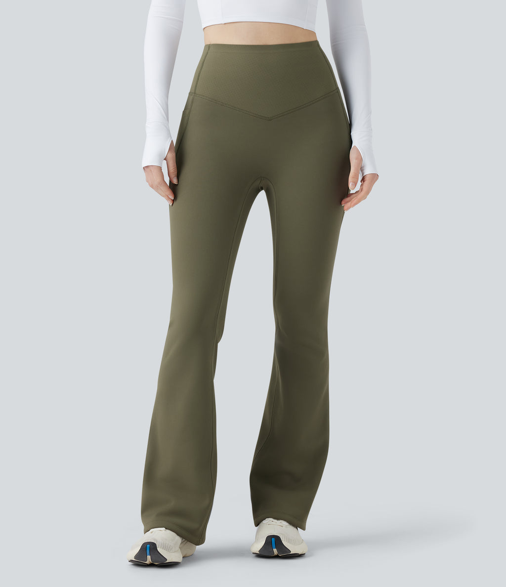 Extra Heat High Waisted Tummy Control Yoga Bootcut Leggings with Pockets — Grass Grey Green — view 3